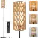 Floor Lamp for Living Room,Farmhouse Floor lamp,Modern Standing lamp with Hand-Worked Rattan Shade (Double Shade-with Remote)