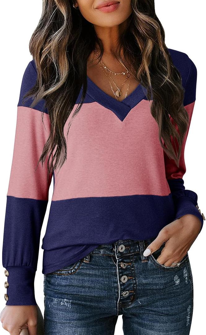 Dokotoo Womens Long Sleeve Tops V Neck Color Block Pullover Casual Sweater | Knit Tops Dressy Casual Work Officewear, Trendy Soft Cute Sweaters, Teacher Shirt, Fall Fashion 2026 Winter Clothes (Blue, XL)