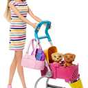 Barbie Dogwalking Doll & Accessories, Stroll & Play Pups Playset with Transforming Stroller, 2 Pets & Handbag, Blonde Doll