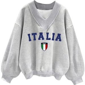 WDIRARA Women's V Neck Letter Graphic Oversized Sweatshirt Long Sleeve Drop Shoulder Pullover Top (Grey)