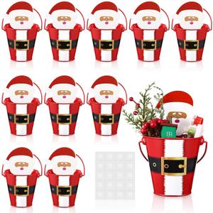 10 Pcs Metal Christmas Buckets with Handle 4.5x4.5x2.8inch Small Red Santa Belt Buckets with Santa Shape Cards Candy Drink Ice Small Pails for Xmas Winter Holiday Party