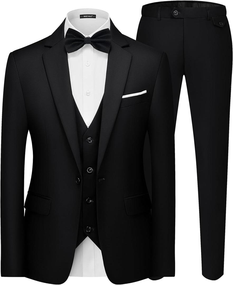 MAGE MALE Men's 3 Pieces Suit Elegant Solid One Button Slim Fit Single Breasted Party Blazer Vest Pants Set (Large, Black)