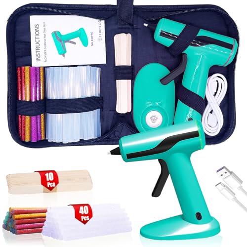 MONVICT Smart Power-Off Cordless Hot Glue Gun, Mini Glue Gun Kit with 2.2A Battery, Storage Bag, 40 Pcs Glue Sticks, 10 Pcs Craft Sticks, USB-C Rechargeable Hot Melt Glue Gun for DIY Craft Gift