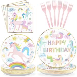 96Pcs Magical Pastel Unicorn Birthday Party Decorations 350 GSM Colorful Rainbow Unicorn Plates and Napkins Tableware Sets for Girls Baby Shower Birthday Party Supplies Serves 24