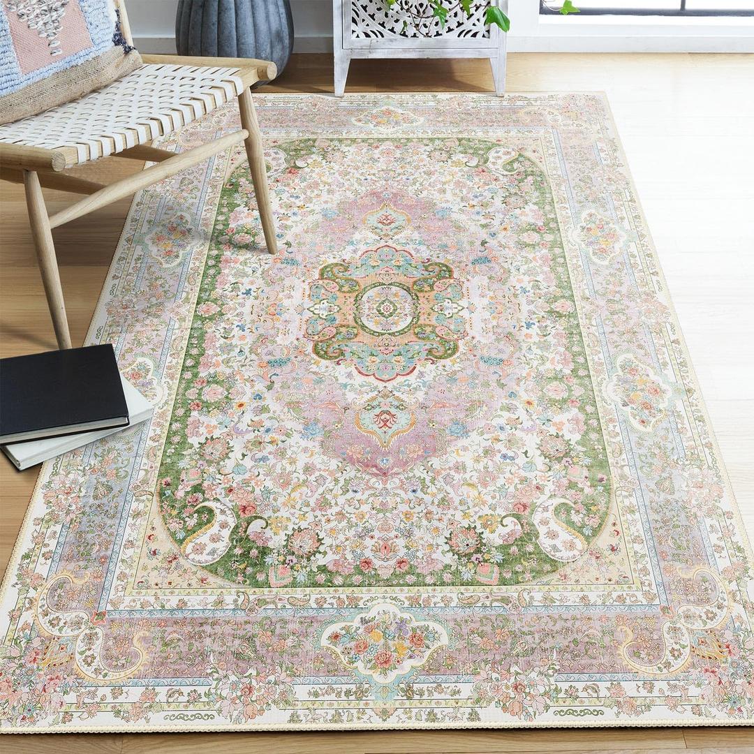 Pink Rug 4'x6.5',Washable Area Rugs for Bedroom Living Room Kitchen Entryway,Small Boho Vintage Bohemian Distressed Non Slip Carpet,Blush Green