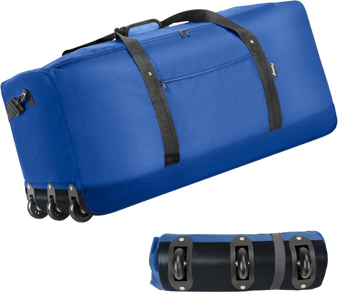 Finnhomy 120L Foldable Rolling Duffel Bag with 3 Wheels, Light Weight Travel Duffel bag with Large Loading Capacity, 32'' Rolling Duffel bag with Shoulder Strap (Blue)