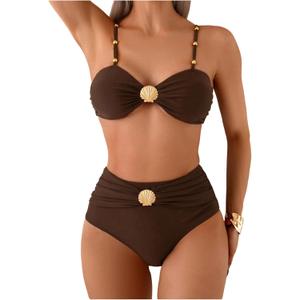 Women's 2 Piece Bikini Set Metal Shell Beaded Ruched Swimsuit High Waisted Bathing Suit (Large, Multicolor)