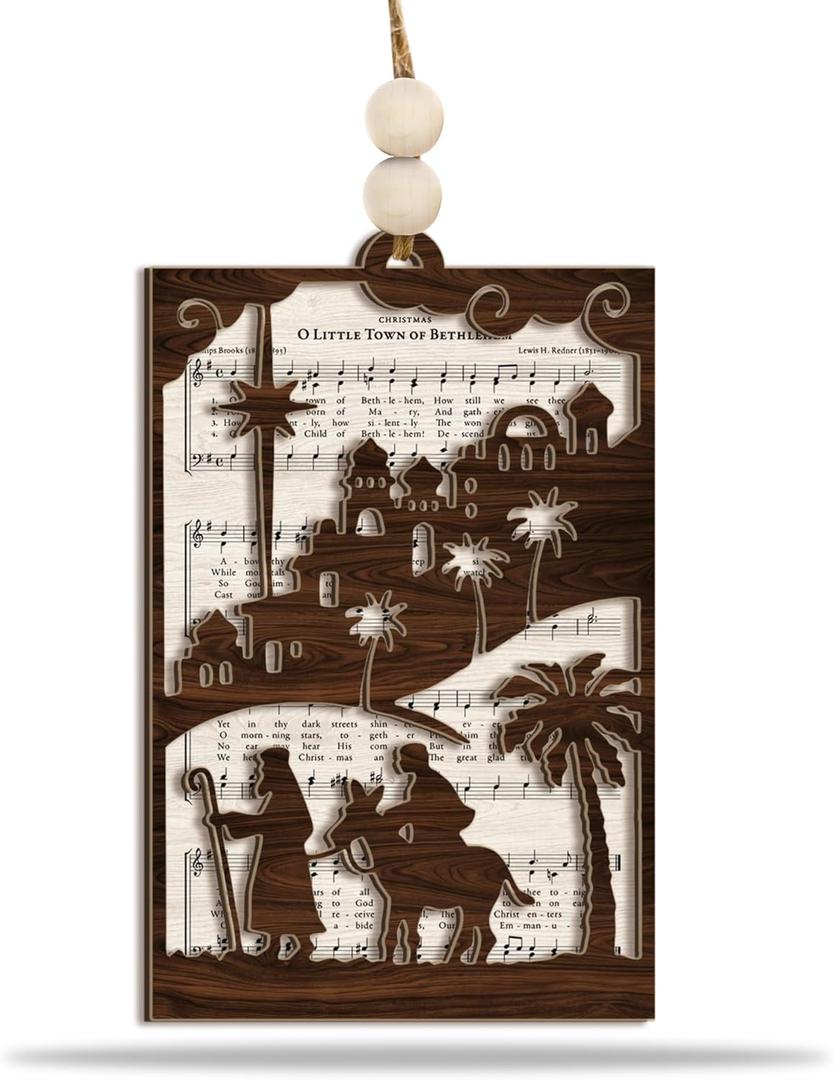 5 x Nativity Scene Ornamen O Little Town of Bethlehem  Nativity Christmas Tree Decoration with Hymn Sheet, Holy Family Ornament & Rustic Faith Design  Christian Holiday Keepsake Gift