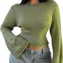 SHENHE Women's Plus Size Bell Long Sleeve Boat Neck Solid Casual Cropped Sweater Pullover (Green, XL)