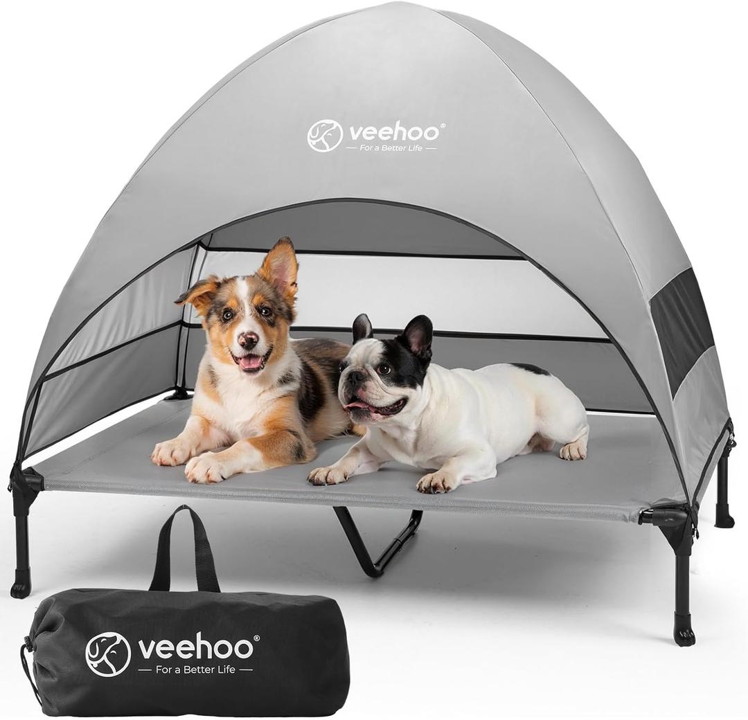 Veehoo Outdoor Dog Bed with Canopy, Cooling Elevated Pet Cot with Removable Shade, Non-Slip Feet, Raised Dog Cot for Large Dogs, Pet Tent Bed for Camping, Beach, XLarge, Grey, CWC2411 (49.0"L x 33.0"W x 42.5"Th)