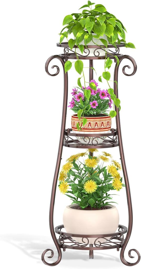 LASZOLA 3 Tier Bronze Metal Plant Stand for Multiple Large Planters Indoor Outdoor Organizer, Heavy Duty Tall Flower Stand for Corner Patio Bathroom Office, Modern Sturdy Vertical Iron Rack, Cat Proof (26-34 inch)
