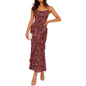 ZESICA Women's Summer Floral Sleeveless Bodycon Dress 2026 Square Neck Ruched Wedding Guest Party Maxi Dresses (XL)