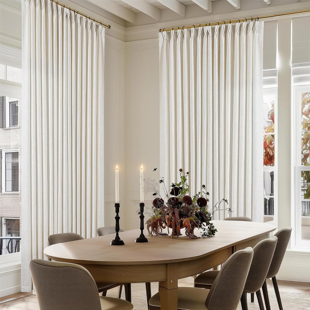 Pinch Pleated Linen 90 Inch Curtains 100 Inch Width for Living Room Divider Light Filtering Semi Sheer Cream Extra Wide Patio Curtains for Sliding Door Balcony Floor to Ceiling Picture Window 100x90