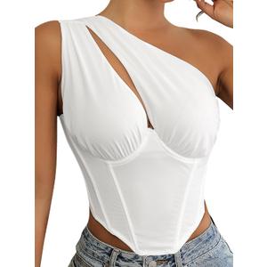 Avanova Women One Shoulder Mesh Corset Tops Cutout Boned Bustier Sexy Night Out Party Crop Top White Medium (White, M)