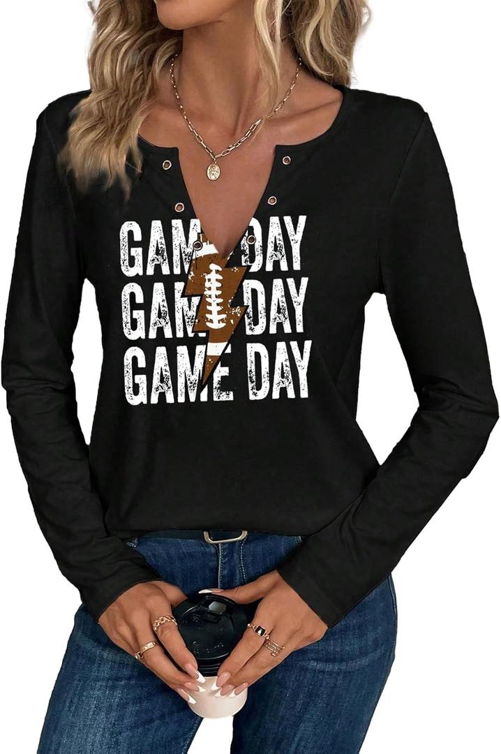Game Day Outfits Shirts Women V Neck Football Graphic Tee Tops Funny Football Game Day Shirts for Teen Girls (Small, Black 4)