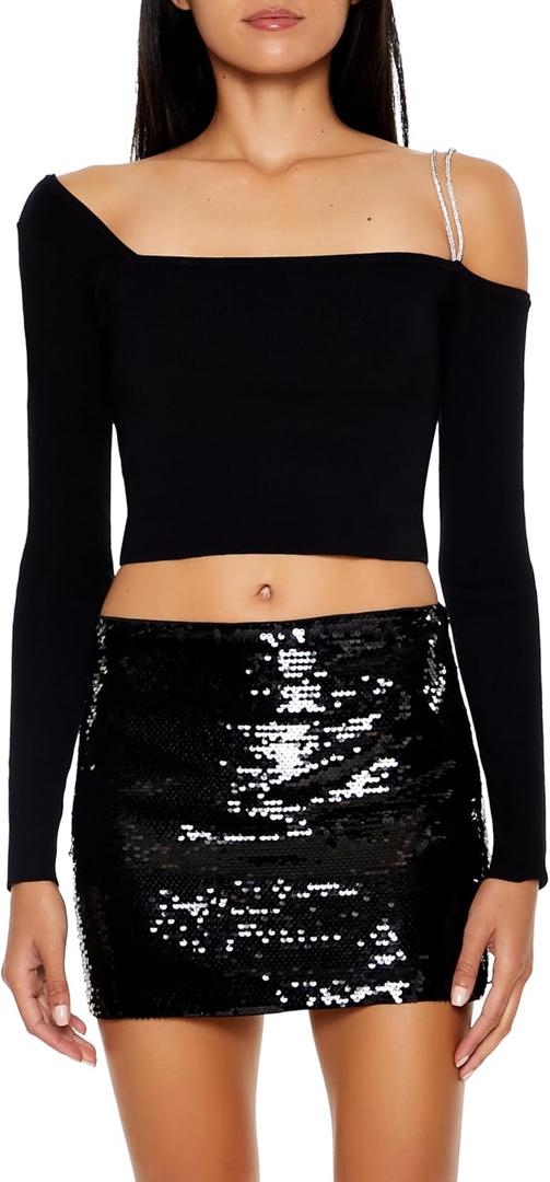 Forever 21 Women's Asymmetrical Sweater-Knit Crop Top (Black, XS)