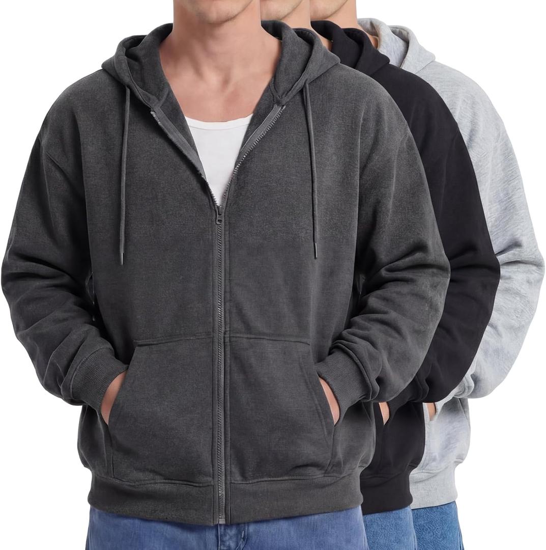 Taiyin 3 Pack Men's Lightweight Fleece Full Zip up Hoodie Long Sleeve Sweatshirt with Pockets for Men (Medium, Black, Dark Gray, Light Gray)