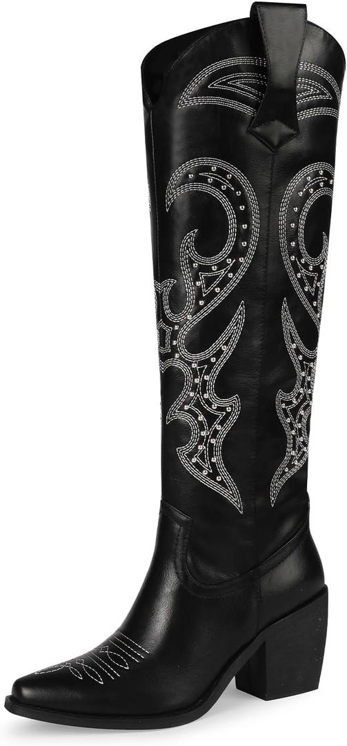 Wetkiss Black Cowgirl Cowboy Boots for Women with Zipper Western Boots Knee High Tall Knee High Botas Vaqueras Para Mujer Cowboy Cowgirl Costume for Women, 5/EU39