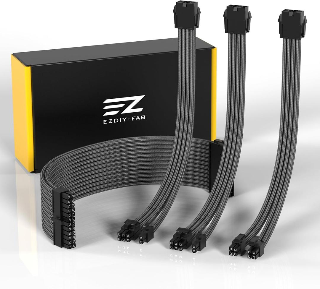 EZDIY-FAB PSU Extension Cable Sleeved Custom Mod PC Power Supply Cable, Soft Nylon Braided with Comb Kit 24PIN/8PIN to 6+2Pin/ 8PIN to 4+4PIN-30CM 300MM-Carbon