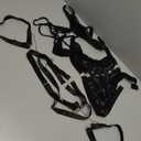 Sexy Halter Heart Ring Cutout Chain Floral Lace Sheer Garter Belt Lingerie Set 3 Piece (Large, Black)