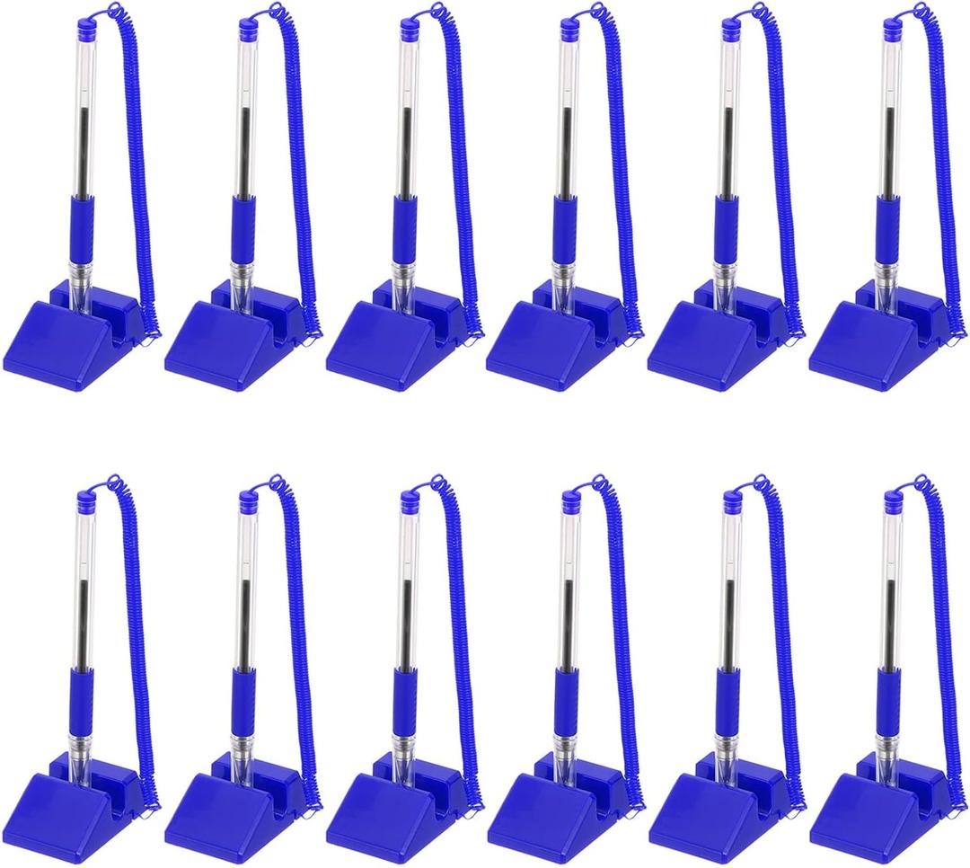 PATIKIL 12 Pcs Secure Pen with Adhesive Chain and Security Pen Holder, Reception Counter Pens Desktop Pen Black Ink Refills for Desk Workplace Office Home Supplies, Blue