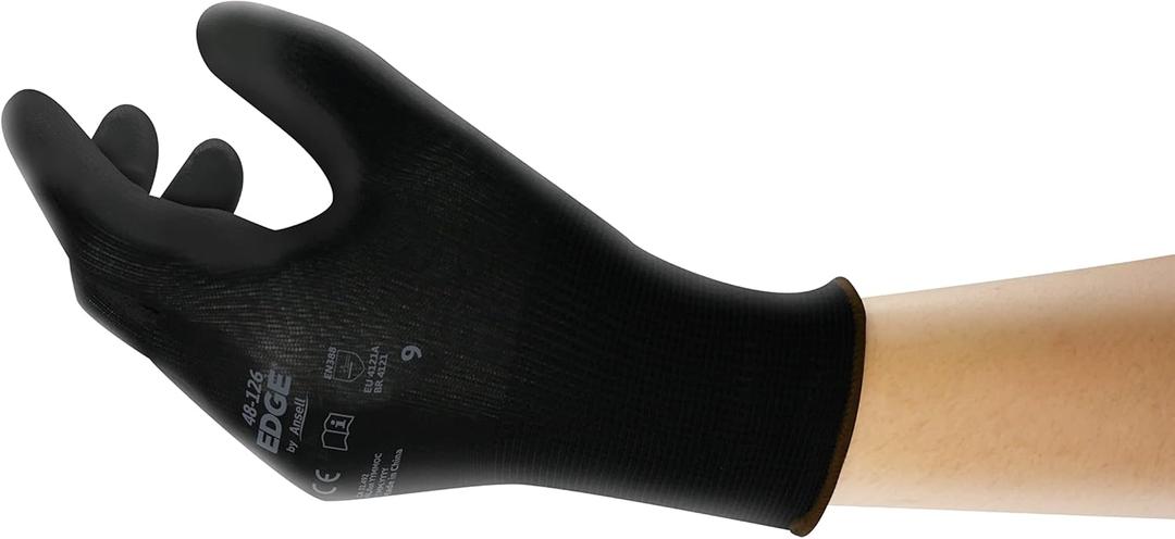 Ansell EDGE 48-126 Abrasion-Resistant Industrial Seamless Gloves w/ Knitted Liner for Auto, Machinery, Electronics - Medium, Black (3 Pairs)
