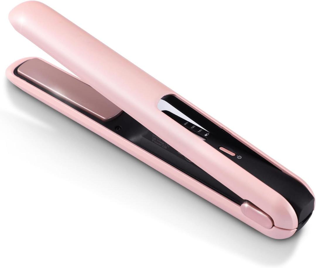Cordless Hair Straightener and Curler 2 in 1, Portable Flat Iron for Hair, Fast Heating Flat Iron, Adjustable Temperature, Type-C Rechargeable, Mini for Travel(Pink)