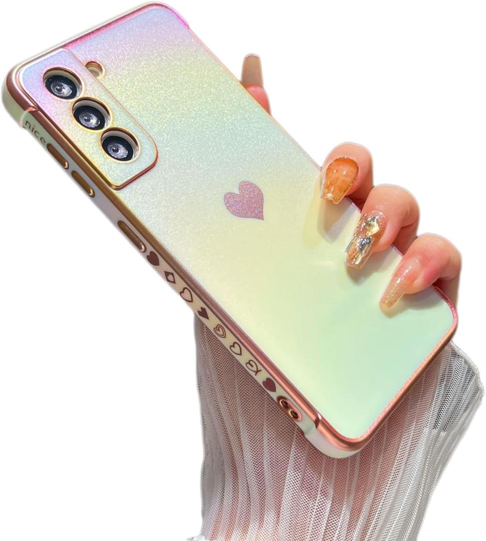 ZTOFERA for Samsung Galaxy S21 FE Case 6.4 inch,Cute Colorful Iridescent Plating Edge Case with Love Hearts Pattern,Camera Lens Protection Shockproof Phone Case for Women Girls,Iridescent White