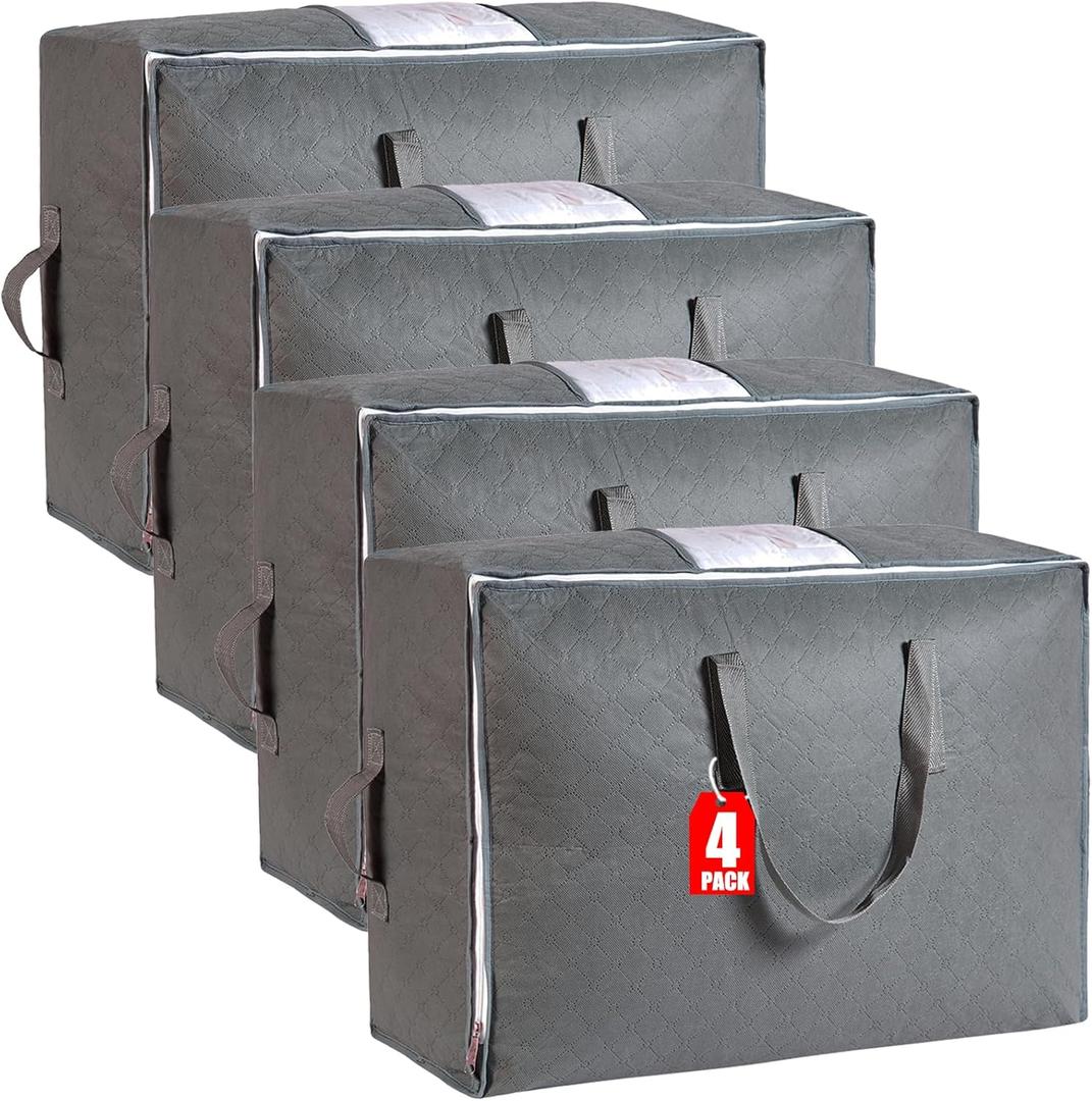 105L Extra Large Storage Bags for Blankets, King Comforters, Bedding, Clothes, Pillows, Sheets - Closet Organizers and Storage with 4 Handles & Clear Window, Foldable & Breathable (Grey, 4pack)