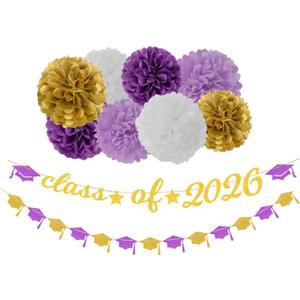 Purple White-Gold Party-Decorations Graduation Banner - 8pcs Kits Class of 2026 Cap Garland Streamers, Paper Tissue Pom Poms Flowers, Congratulations Grad Decor Lasting Surprise