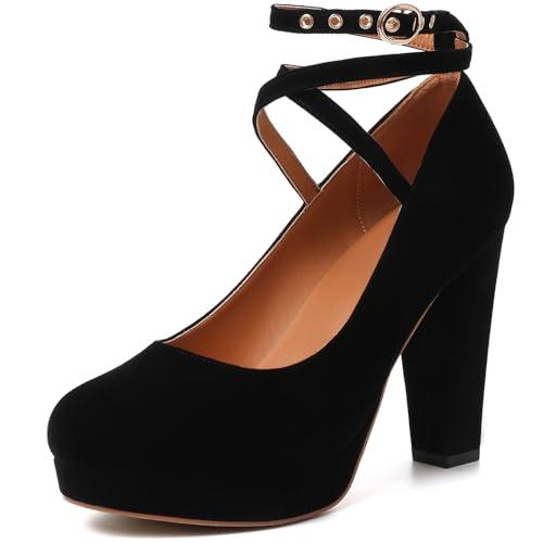 Mostrin Black Chunky High Heels for Women Sexy Closed Toe Platform Pumps with Buckle Strap Mary Jane Dress Shoes for Formal Prom Party Size 8