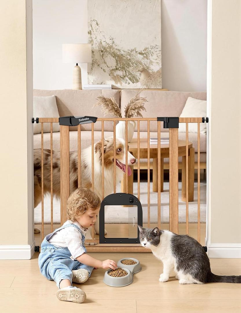 Babelio CatPrivilege Baby Gate with Cat Door, 29"-43" Adjustable Brown Wood Pattern Pet Door, 30" Tall Pressure Mounted Safety Gate for Stairs & Doorways, Auto Close,Wall Protectors Included