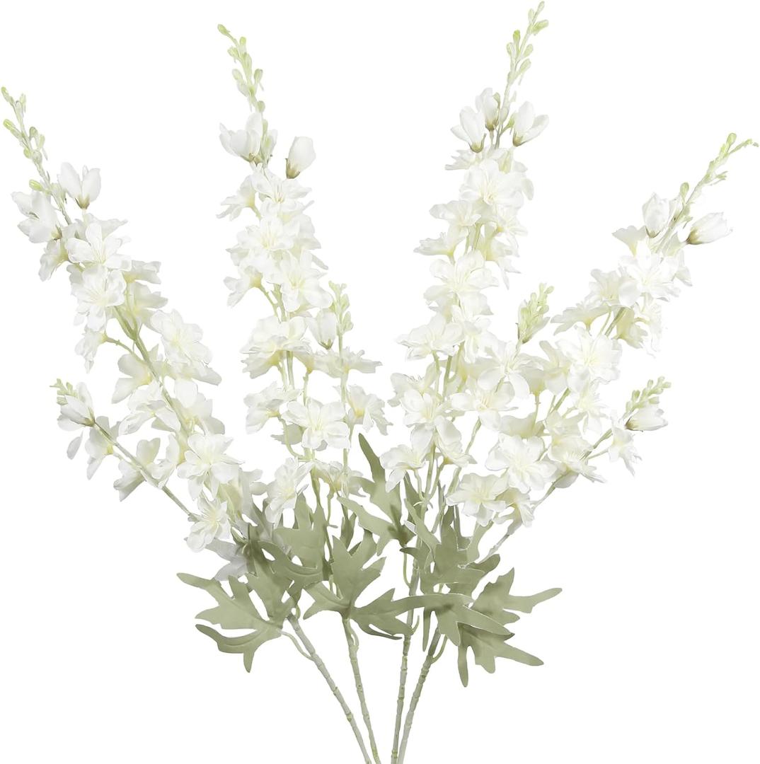 4Pcs White Delphinium Artificial Flowers 33.5" Silk Flowers Bulk Larkspur Artificial Flower Long Stem Fake Delphinium Plant Flower for Tall Vase Floral Arrangement Centerpiece Bouquet Home Decor