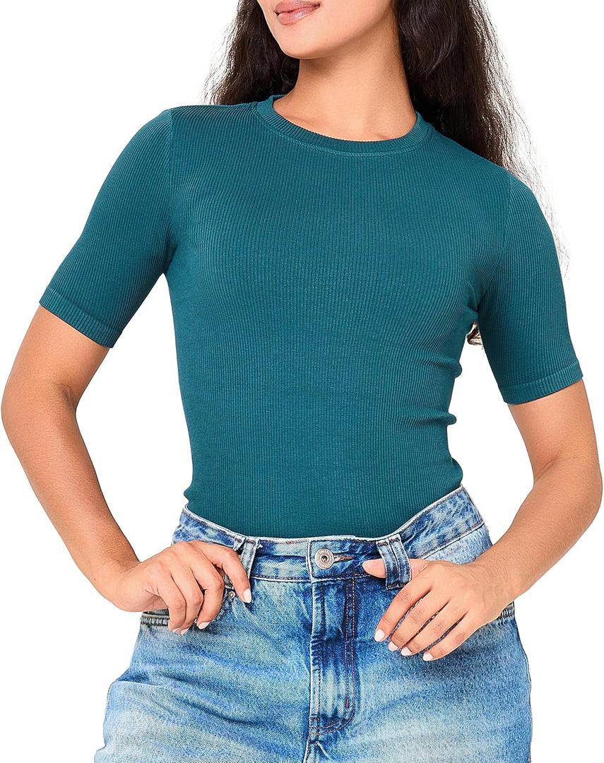 BAMBOO COOL Women's Seamless Tight T-Shirts Slim Fit Basic Ribbed Tees Short Sleeve Crew Neck Top (XL)