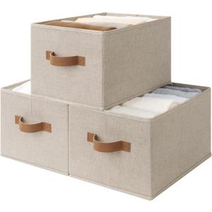 SroageWorks Storage Baskets for Shelves, Foldable Fabric Closet Storage Bins with Handles, Clothes Organizer Laundry Baskets, Brown & Beige, 3-Pack, Large