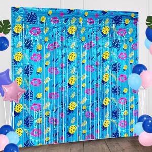 4 Pack Hawaiian Tropical Birthday Party Decorations, 3.3 x 6.6 ft Cartoon Foil Fringe Curtains Blue Door Streamers Cartoon Animation Themed Birthday Party Decor for Kids Favors