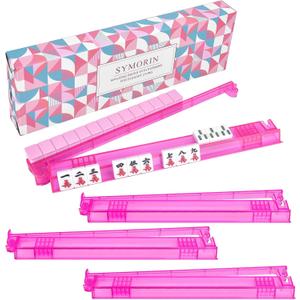 Non-Slip Mahjong Racks with Pushers, 4-Pack Clear Acrylic Racks, American Mahjong Accessories, Gift-Ready Mahjong Gifts (Pink)