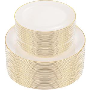 PULOTE 100PCS Ivory Plastic Plates - Cream Plastic Disposable Heavy Duty for Party & Wedding - Include 50 Each (Dinner & Dessert) Plates