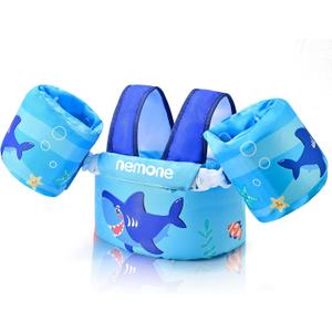 Nemone Toddler Swim Vest for 22-70 lbs Kids Floaties Swim Jacket with Arm Water Wings for Girls Boys 1 2 3 4 5 6 7 Years Old Beach Pool 20 30 40 50 60 66 Pounds Puddle Jumper (Lucky Shark)