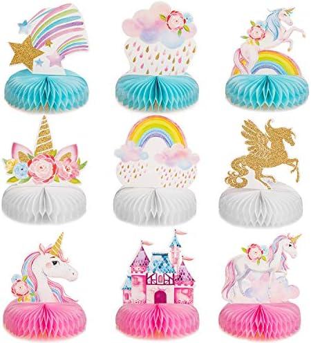 Outus 9 Pieces Unicorn Rainbow Honeycomb Centerpiece for Table Decorations Shiny Topper Birthday Party Supplies