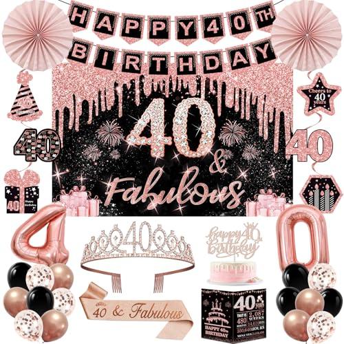 40th Birthday Decorations for Women,32PCS 40th Birthday Party Decorations,Including Backdrop, Crown, Sash, banner, Hanging Swirl,Cake Topper,balloons,Paper Fans,Anniversary Card and paper fans,  Rose Gold 40th