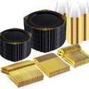Nervure 600PCS Gold Plastic Dinnerware - Black Disposable Plates for 100 Guests - 200 Gold Disposable Plates, 300 Plastic Silverware, 100 Cups for Wedding & Party & Father's Day