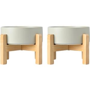 SPUNKYJUNKY Ceramic Elevated Dog Bowls 2 Pack - 8.3inch Raised Dog Bowls with Non-Slip Wooden Stand for Large Dogs Dishwasher Safe(Grey,60OZ*2)