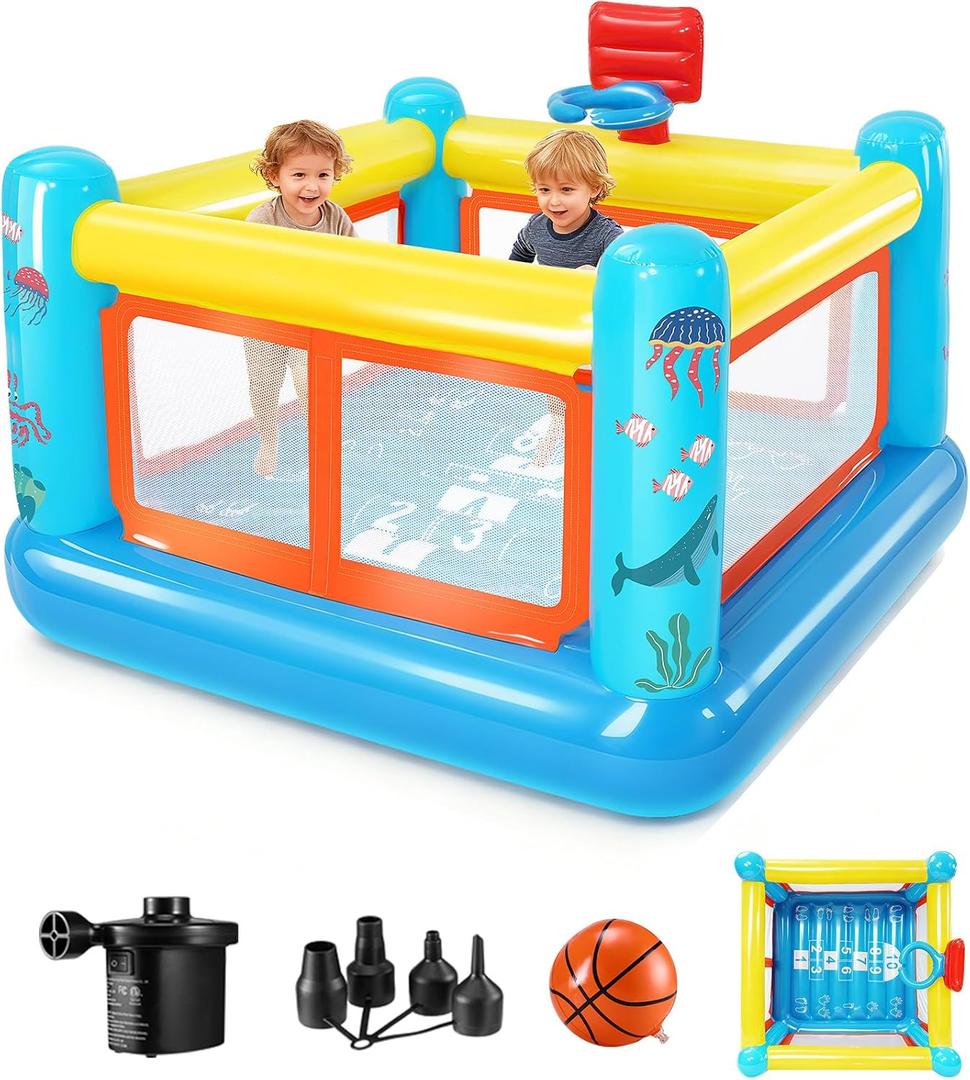 AKEYDIY Bounce House for Kids 3-6, Indoor/Outdoor Inflatable Bouncy Castle Blow-Up Bouncer Playhouse with Hopscotch Game, Basketball Hoop & Air Blower Included