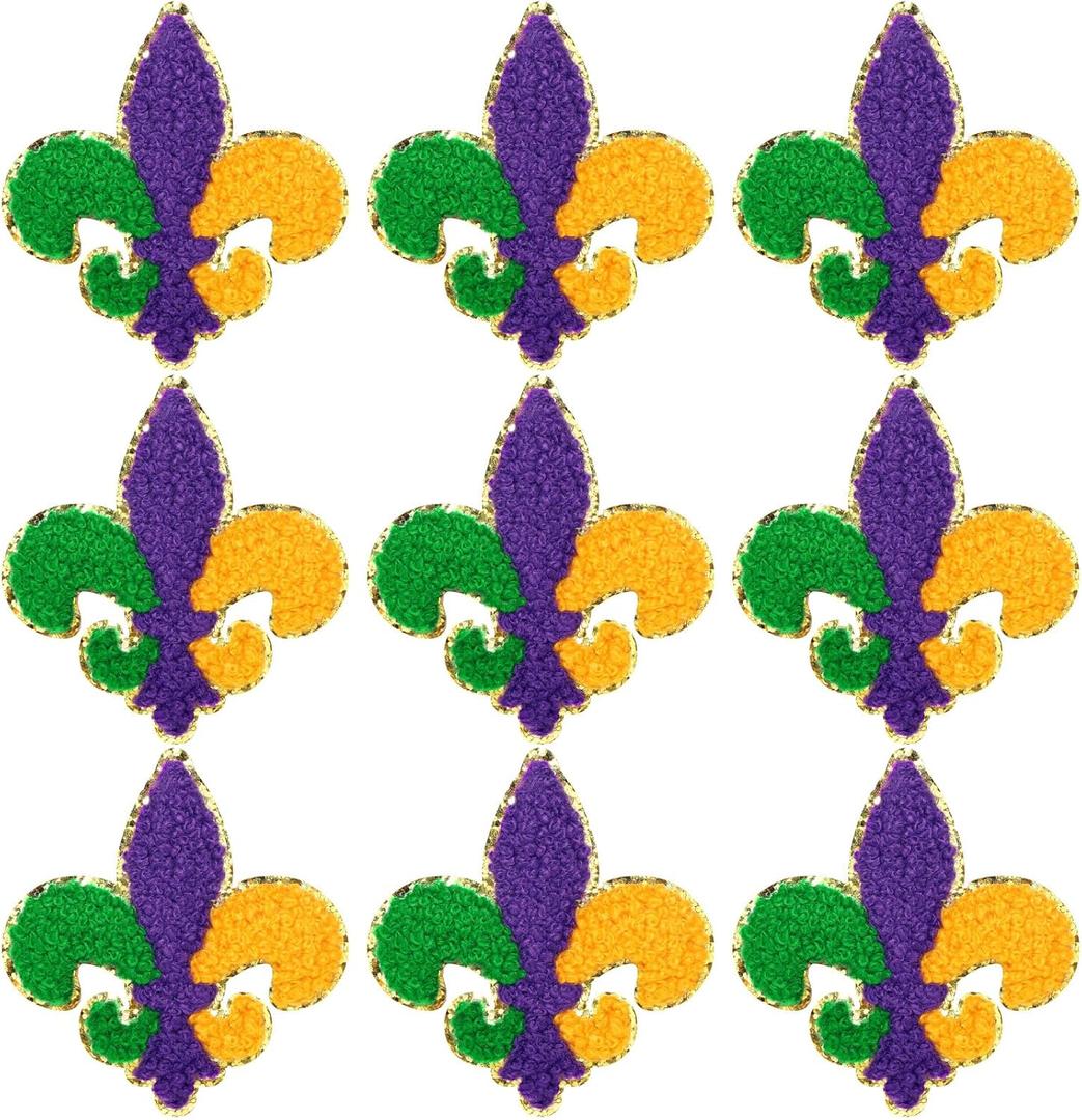 Daifunli 9 Pcs Fleur De Lis Patch Mardi Gras Chenille Iron On Embroidery Patches Set with Gold Glitter Border for Clothing Machine Embroidery DIY