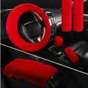 6 PCS Fluffy Steering Wheel Covers Set, 15'' Furry Car Wheel Cover, Soft Gear Shift & Handbrake Cover, Center Console & Seat Belt Shoulder Pads for Women, Car Accessories (Red)