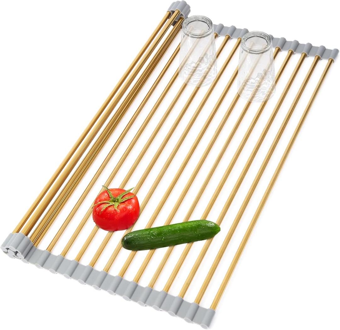 Golden Roll-UP Dish Drying Rack-Large Stainless Steel Dish Drainer Over The Sink for Kitchen Countertop, Applicable for Sink Width Less Than 16.5in (Gold,17.8'x 13.2')