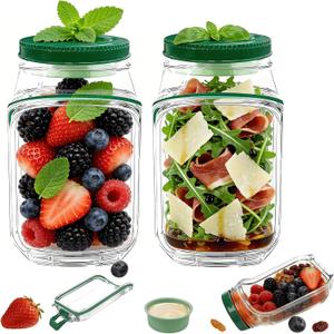 TJR Salad Pod Mason Jar Side Open  Leakproof Vertical Layering Salad Jars with Built-In Dressing Containers, Reusable & Portable Lunch Containers for Office, Picnic & Travel