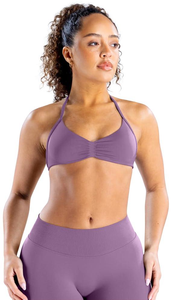 TRYTO Impact Strappy Bra Backless Halter Sports Yoga Top Women Workout Fitness Gym Outdoor Front Motion Scrunch Tops Grape, X-Large