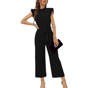 SheKiss Casual Elegant Jumpsuits For Women Dressy 2026 One Piece Short Sleeve Rompers Wide Leg Formal Business Outfits (Black, S)